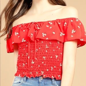 Papaya Off the shoulder floral red shirt